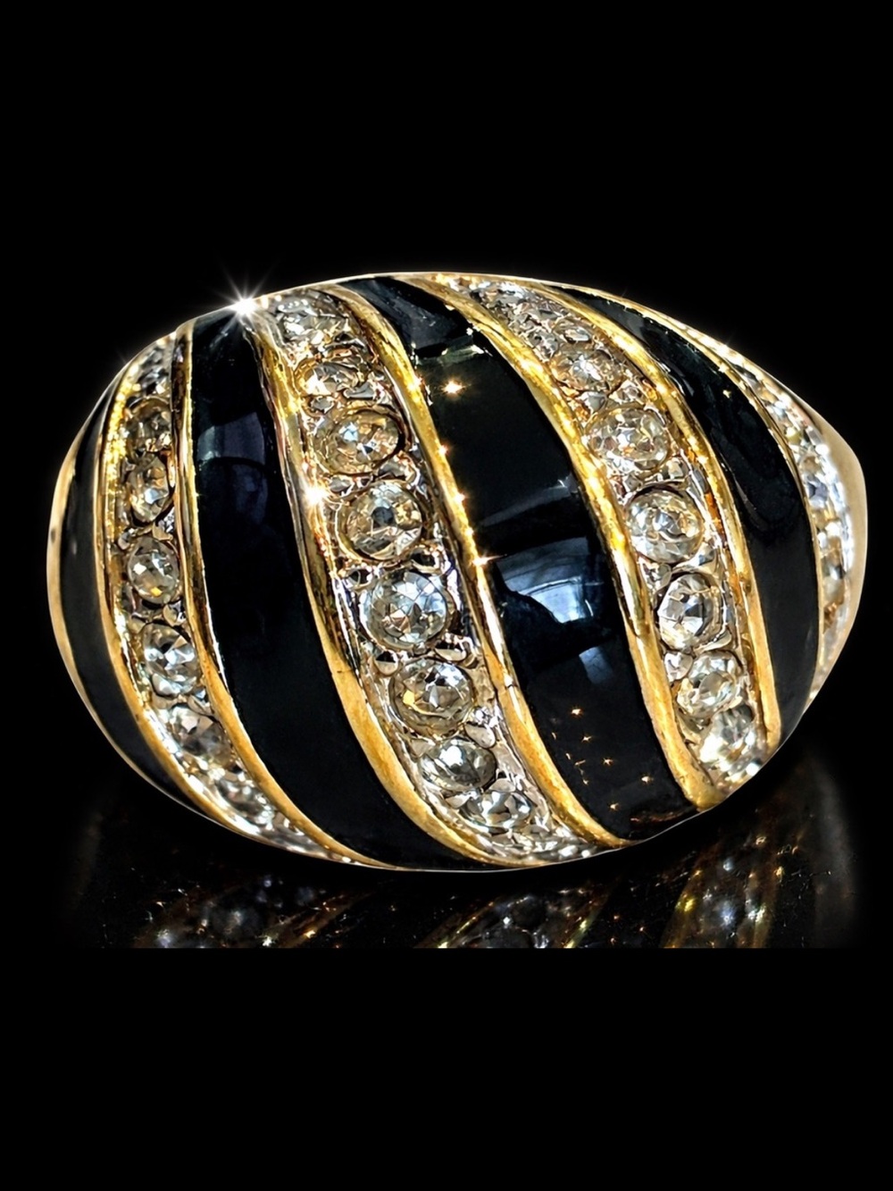 Gold black enamel swirl crystal cz dome cocktail statement ladies, jewelry ring